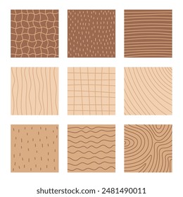 Beige braune quadratische Hintergründe mit Linienstruktur. Handgezeichnete Social Media Post Vorlagen Kollektion mit abstrakten Kurvenrasterpunkten. Vektorillustration