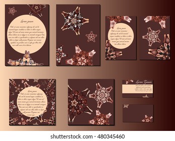 Beige and brown star-like designed brochures, business cards and invitations. Nice hand-drawn illustration