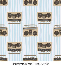 Beige and brown tape recorder seamless pattern. Disco style artwork with blue stripped background. Great for wallpaper, textile, wrapping paper, fabric print. Vector illustration.