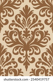 Beige and brown traditional damask pattern with ornamental design. Damask seamless pattern.