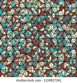 Beige, brown, turquoise blue, silver, copper pink gradient mosaic texture background. Abstract stained glass window geometric hexagon diamond triangle ornament vector illustration. Seamless pattern