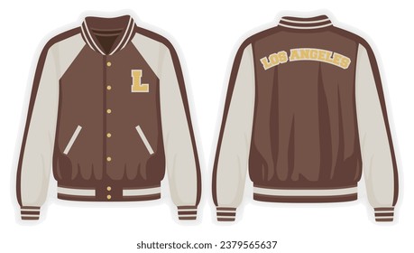 Beige brown varsity jacket front and back view, vector mockup illustration
