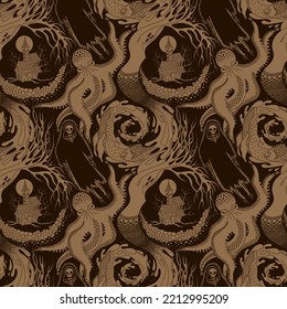 BEIGE AND BROWN VECTOR SEAMLESS PATTERN OF DIFFERENT PHANTASMAGORIC SCARY CREATURES OF THE ANIMAL AND AQUATIC WORLD