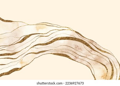 Beige, brown watercolor abstract texture with golden lines, waves. Marble, stone imitation. 