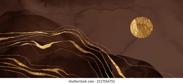 Beige, brown watercolor fluid painting vector background design.Golden marble texture, geode. Dye elegant soft splash style. Alcohol ink imitation. Abstract mountains, hills, sun, moon.