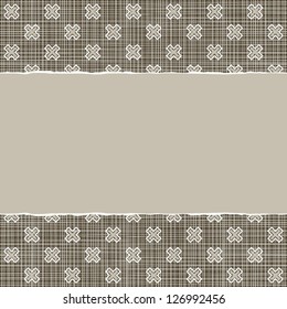 beige brown x cross geometric pattern in winter colors with torn paper on dark scrapbook horizontal background