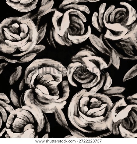 Beige brushstroke roses on black seamless expressive floral textile background