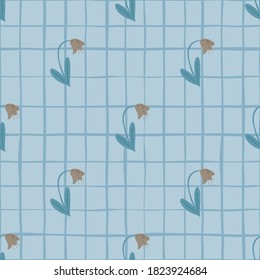 Beige buds flowers seamless campanula pattern. Blue background with check. Spring nature ornament. Great for fabric design, textile print, wrapping, cover. Vector illustration.