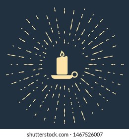 Beige Burning candle in candlestick icon isolated on dark blue background. Old fashioned lit candle. Cylindrical candle stick with burning flame. Abstract circle random dots. Vector Illustration