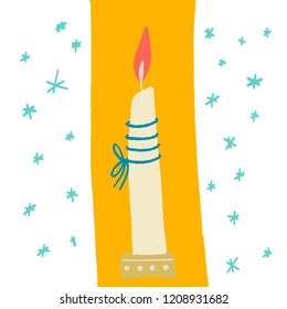 beige burning candle on a gold stand with a blue rope around. yellow background and snowflakes
