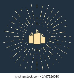 Beige Burning candles icon isolated on dark blue background. Old fashioned lit candles. Cylindrical aromatic candle sticks with burning flames. Abstract circle random dots. Vector Illustration