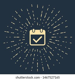 Beige Calendar with check mark icon isolated on dark blue background. Abstract circle random dots. Vector Illustration