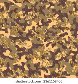 Beige Camouflage Seamless Pattern. Brown Repeated Monochrome Graphic Backdrop. Khaki Seamless Abstract Vector Print. Camouflage Texture Autumn Seamless Military Graphic Design. Camoflage