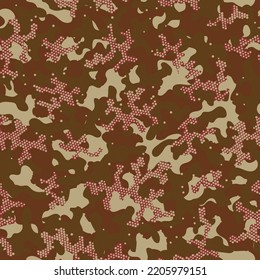 Beige Camouflage Seamless Pattern. Desert Seamless Camo Graphic Print. Khaki Repeated Modern Vector Art. Camouflage Shirt Autumn Repeated Circle Vector Texture. Camoflage