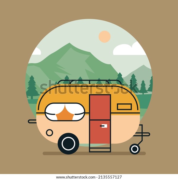 beige camper in the camp\
scene