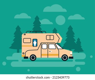 beige camper in landscape scene