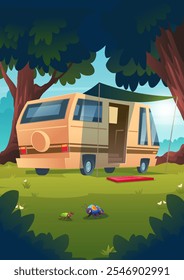 Beiger Wohnwagen parkte auf Gras im Wald zwischen hohen Bäumen. Rote Fußmatte heißt die Besucher willkommen. Farbige Karikaturenkäfer krabbeln unter dem Fahrzeug. Trailer für Outdoor-Abenteuer und Camping Ökotourismus.