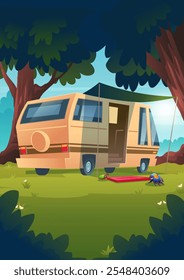 Beiger Wohnwagen parkte auf Gras im Wald zwischen hohen Bäumen. Rote Fußmatte heißt die Besucher willkommen. Farbige Karikaturenkäfer krabbeln unter dem Fahrzeug. Trailer für Outdoor-Abenteuer und Camping Ökotourismus.