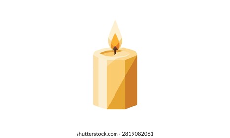 A beige candle with a glowing flame on a dark background for creating warm cozy atmospheres and relaxing environments