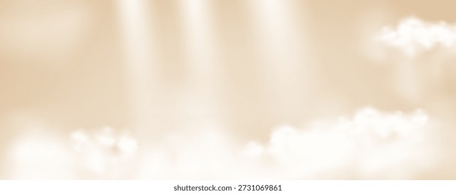Beige candy caramel cream clouds with sunburst light effect background. Heaven magic fog sky sunny day template. Morning fantasy surface for cosmetic product. Pastel caramel colors clouds. Vector bg.