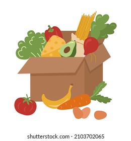 Beige cardboard box with useful products. Pasta, carrots, cheese, broccoli, bananas, eggs, radishes. Vector illustration for the reusable concept.