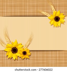 Beige cardboard card with sunflowers and ears of wheat on a sacking background. Vector illustration.