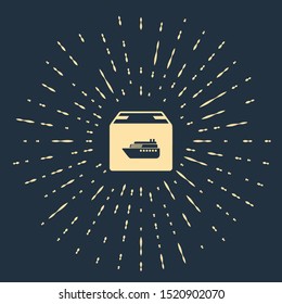 Beige Cargo ship with boxes delivery service icon isolated on dark blue background. Delivery, transportation. Freighter with parcels, boxes, goods. Abstract circle random dots. Vector Illustration