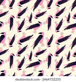 Beige cartoon Halloween seamless pattern with pink ravens