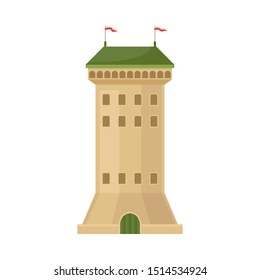 Beige castle tower with a green roof. Vector illustration on a white background.
