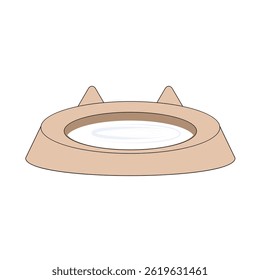 Beige cat bowl with ears, filled with milk, cute pet dish, isolated on white, vector illustration