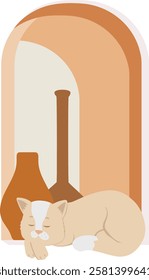 Beige cat in window aesthetic simple illustration. Domestic kitty 2d illustration. Cat life concept