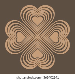 Beige Celtic heart knot - stylized symbol. Made of hearts. Four-leaf clover. Isolated design element. Brown background. Vector illustration.