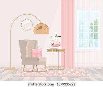 Beige chair by the window with pink curtains in a bright interior. Vector graphics.