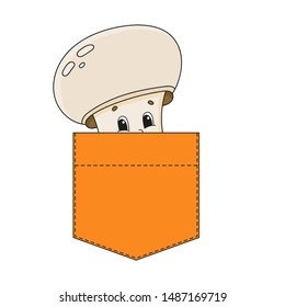 Beige champignon in shirt pocket. Cute character. Colorful vector illustration. Cartoon style. Isolated on white background. Design element. Template for your shirts, books, stickers, cards, posters.