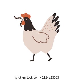A beige chicken is holding a worm. Chicken farm. Cartoon. Cozy vector illustration.