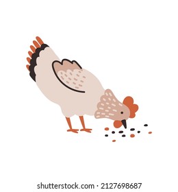 The beige chicken pecks the grains. Chicken farm. Cartoon. Cozy vector illustration.