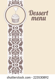 beige chocolate dessert menu page cover with Cupcake and Damask pattern