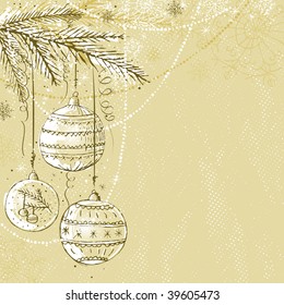 beige christmas background with christmas balls,  vector illustration