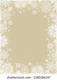 Beige christmas background with frame of white snowflakes and stars, vector illustration