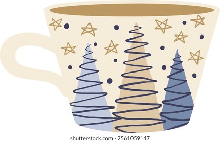 Beige Christmas mug with stylized blue and beige Christmas trees and golden stars celebrating winter holidays, cozy and warm feeling, perfect for a hot drink