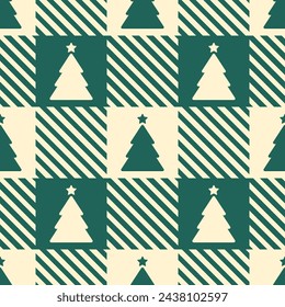 Beige christmas trees on green gingham background. Vector seamless pattern. Best for textile, wallpapers, wrapping paper and seasonal decoration.