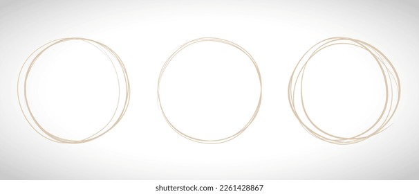 Beige circle line hand drawn set. Highlight hand drawing circle isolated on background. Round handwritten circle. For marking text, note, mark icon, number, marker pen, pencil and text check, vector