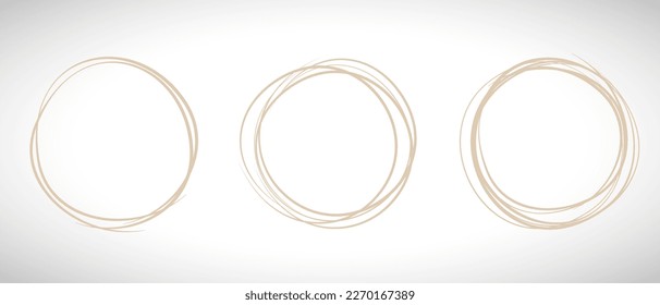 Beige circle line hand drawn set. Highlight hand drawing circle isolated on background. Round handwritten circle. For marking text, note, mark icon, number, marker pen, pencil and text check, vector
