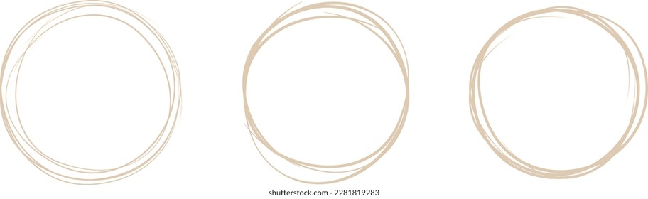 Beige circle line hand drawn set. Highlight hand drawing circle isolated on background. Round handwritten circle. For marking text, note, mark icon, number, marker pen, pencil and text check, vector