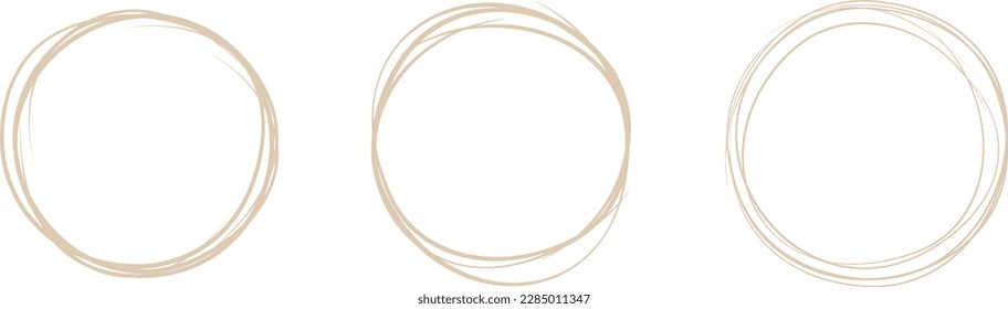 Beige circle line hand drawn set. Highlight hand drawing circle isolated on background. Round handwritten circle. For marking text, note, mark icon, number, marker pen, pencil and text check, vector