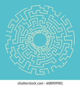 Beige circular labyrinth on blue background
