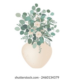 Beige Tonvase mit Eukalyptuszweigen und Rosenstrauß isoliert auf weißem Hintergrund. Innendekoration. Blumige Illustration für Design, Druck, Ansichtskarten, Dankeskarten. Vektorgrafik.