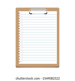 Beige clipboard with lined white sheet of notebook. White paper with lines - template for notes, checklist, questionnaire, reminders. Realistic clipboard design with metal clip and paper. Vector