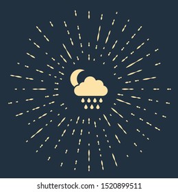 Beige Cloud with rain and moon icon isolated on dark blue background. Rain cloud precipitation with rain drops. Abstract circle random dots. Vector Illustration
