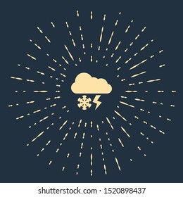 Beige Cloud with snow and lightning icon isolated on dark blue background. Cloud with snowflakes. Single weather icon. Snowing sign. Abstract circle random dots. Vector Illustration